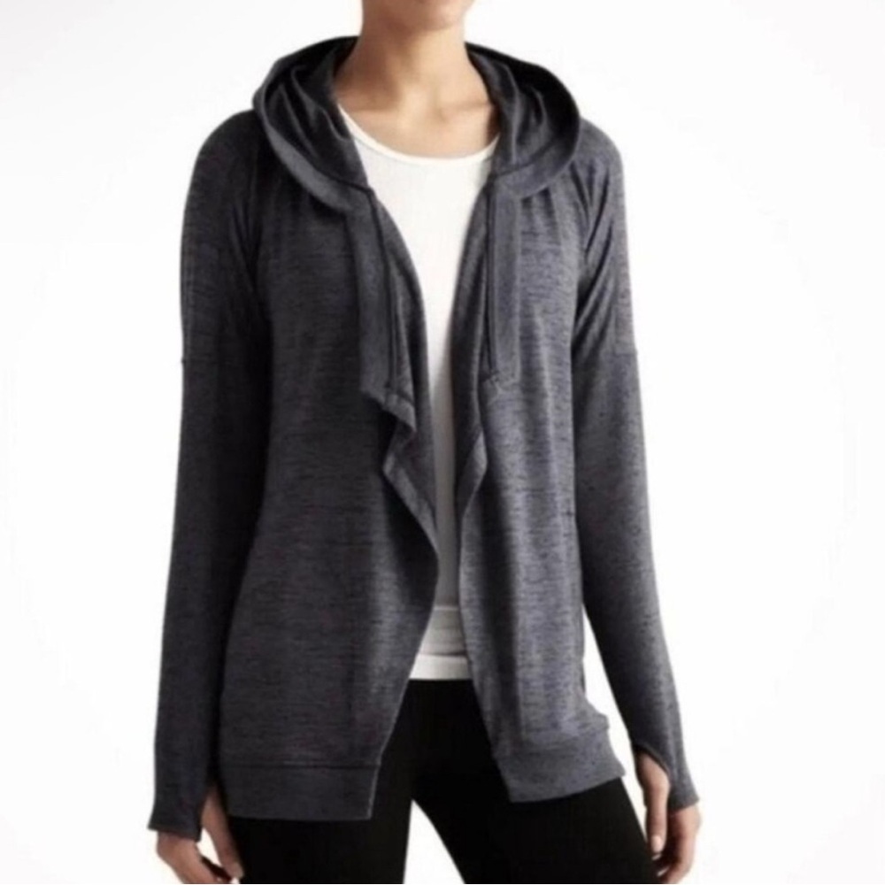 Athleta Blissful Open Front Wrap Hooded Knit Cardigan Charcoal Gray